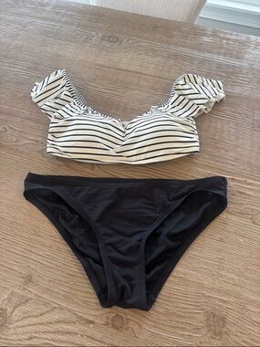 Vince Camuto Black Bikini Bottom with White & Black Striped Off-Shoulder Top